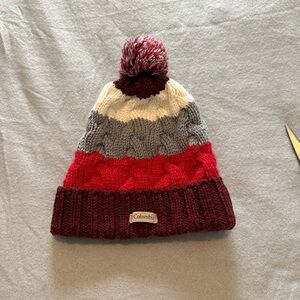 Columbia Kids Red Gray and White Knit Beanie